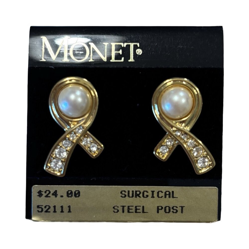 Monet Pearl Rhinestone Goldtone Earrings NWT Vintage 80s Statement  Quality